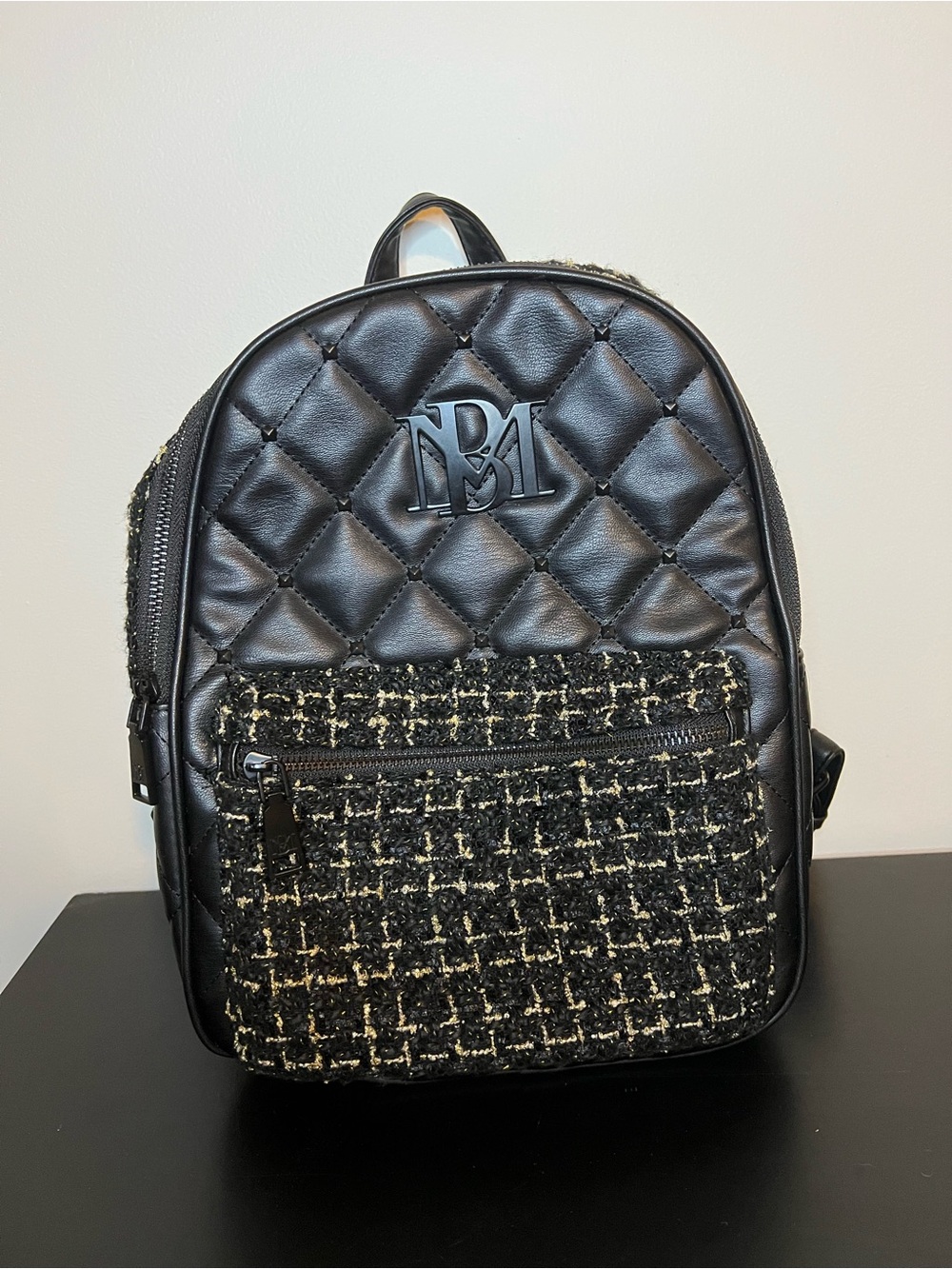 Badgley Mischka Black Quilted Faux-Leather Mini Backpack with Tweed Pocket